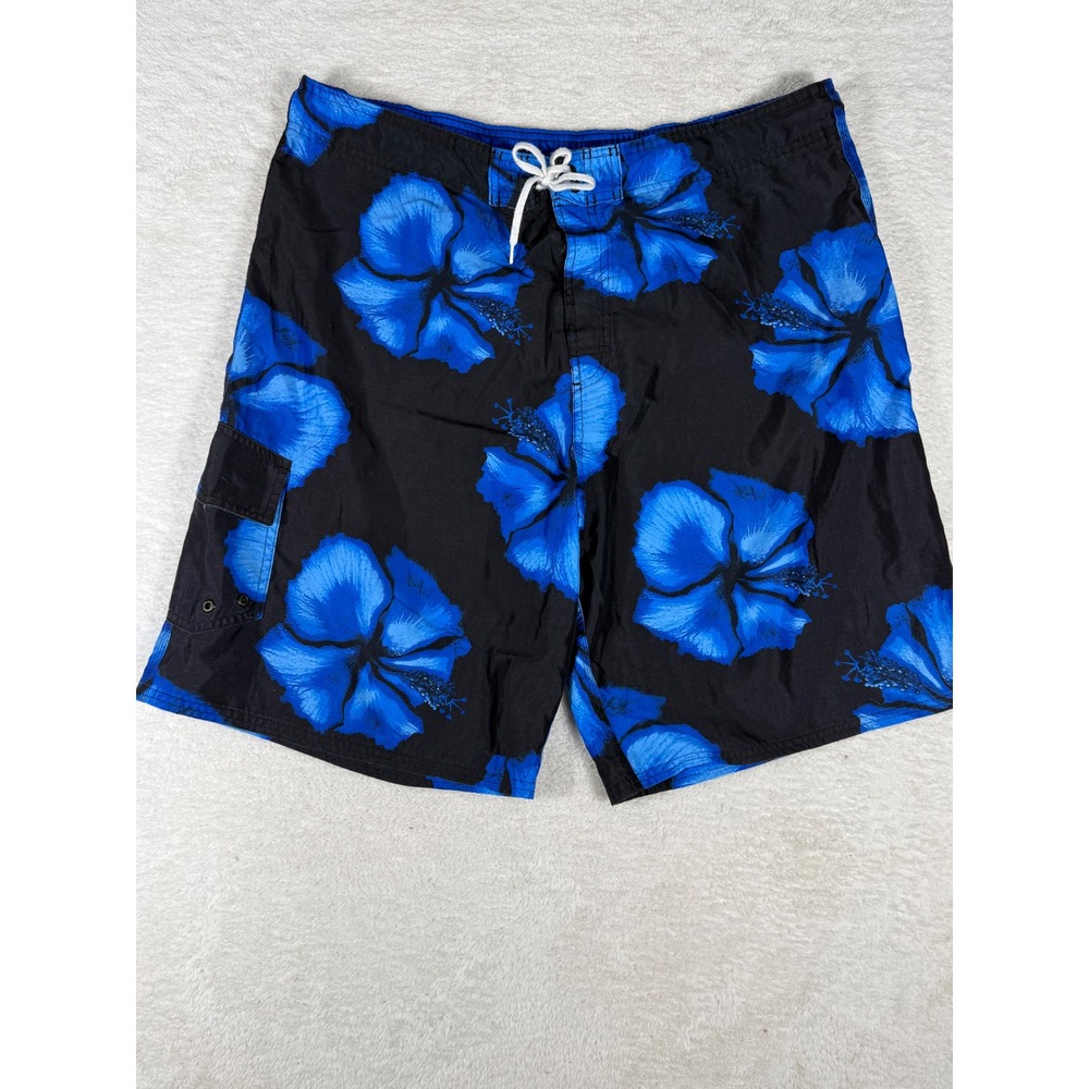 No Boundaries Board Shorts Mens L Black Blue Hibiscus Floral Swim Trunks Y2K